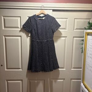 Eliza J Navy Tweed Fit & Flare Dress Size 6 | Frayed Trim Classic